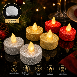 Lot de 2 bougies chauffe-plat LED scintillantes, sans flamme, à lumière jaune chaude vacillante, avec piles CR2032, pour la décoration de fêtes de Noël - Product Image 1