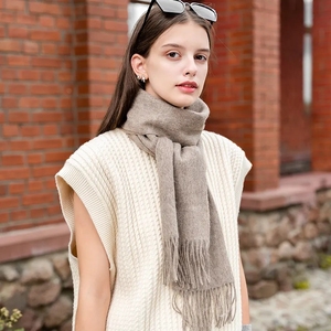 Solid Color Wool Scarf with Custom Logo Hand-Finished Tassels Winter Long Shawl <b>Wrap</b> - Product Image 2