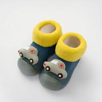Chaussons-chaussettes tricotés douillets pour bébé, jaune marine, avec patch 3D voiture, revers en peluche, semelle souple et flexible en TPE antidérapante, vente en gros