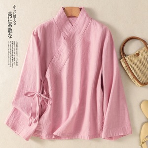 Women's Cotton Linen Wrap Blouse Pink Navy Beige Training Top Zen Style Hanfu Shirt - Product Image 5