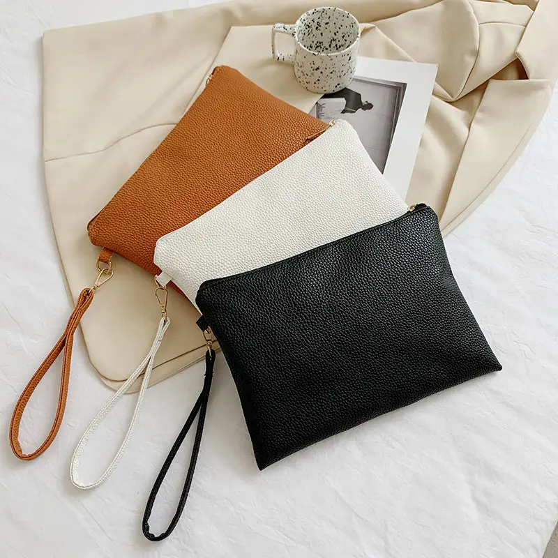 Simple Pu Leather Zipped Wallet Coin Purse Solid Color Large Women Daily Hand Bag Fashion Envelope Clutch With Wristlet