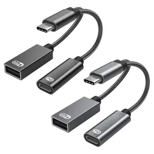 USB C OTG适配器，带快速充电电缆编织尼龙线2合1 Usb-C分离器转换器，用于智能手机笔记本电脑
