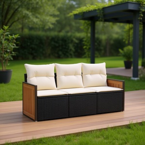 Canapé de jardin trois places, mobilier d'extérieur en rotin PE noir, coussins crème, design contemporain pour la décoration de patio - Product Image 2