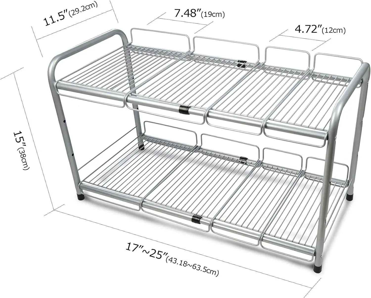 Estante de cocina de 2 niveles de Color plateado y metálico personalizado de fábrica para debajo del fregadero, estante extensible organizador, estante de almacenamiento