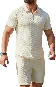 Erkek 2 parça Polo GÖMLEK ve kısa kollu kıyafetler Waffle örgü düğme aşağı gömlek üst ve şortlar Set - Product Image 5