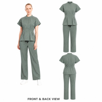 Ensemble de blouses médicales ajustées pour femmes avec logo personnalisé, col mandarin, demi-fermeture à boutons, taille cintrée, manches dolman, uniforme d'infirmière pour clinique dentaire