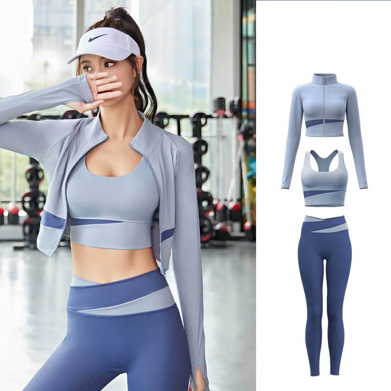 2023 High Quality Seamless Sports Clothes Tops Wear 3 Piece Set Ladies Yoga Gym Set Women Workout Jacket Pant T Shirt Sets