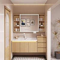 Ensemble de meubles de salle de bain en aluminium alvéolé étendu avec miroir mural, vasque monobloc en céramique, meuble-lavabo et armoire latérale
