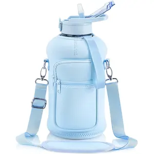 2.2L Half Gallon Water Fles Met Opslag Mouw En Bedekt Stro Deksel Grote Herbruikbare Drinken Container Met Handvat