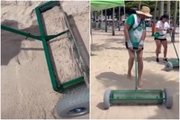 Outil de nettoyage de plage multifonctionnel DIY ODM à traction manuelle avec roues, râteau à déchets de plage portable en acier et plastique