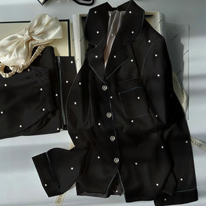 Nuovi arrivi estivi: <span class=keywords><strong>pigiama</strong></span> da <span class=keywords><strong>donna</strong></span> premium con stampa nera, top a maniche lunghe e pantaloni. - Product Image 4