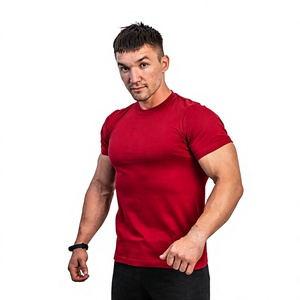 T-shirt en coton rouge pour homme, coupe ajustée, col rond, manches courtes, jersey uni, vêtement décontracté - Product Image 1