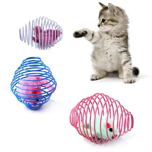 New Design Colourful Painted Spring Ball Cat Teaser Toys With Fur Ball Inside