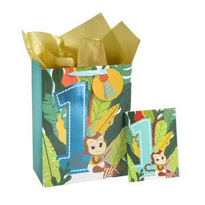 Paket Bernilai Hari Jadi Kecil Pesta Mewah Warna-warni Tas Hadiah Pesta Ulang Tahun Anak-anak dengan Kartu Koordinasi dan Kertas Tisu