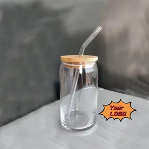 Sjj óculos de vidro para libbey, copo de vidro com tampa de bambu e canudos para copo de café, gelado,-16oz