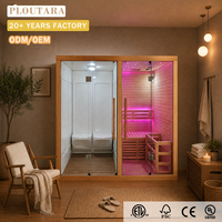 Sauna intérieur moderne PLOUTARA en bois massif, double zone, combinaison sauna sec et hammam, cabine de sauna sèche, douche vapeur humide, portes en verre, OEM, hôtel, spa