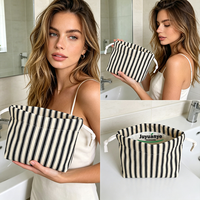Pochette à maquillage à cordon de serrage rayée de haute qualité avec logo imprimé personnalisé, toile de coton premium, lavable, réutilisable, pour femmes