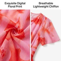 Robe longue bohème rose et rouge personnalisée, col en V floral, manches volantées, taille smockée, en mousseline, pour vacances d'été, style swing, fabricant OEM