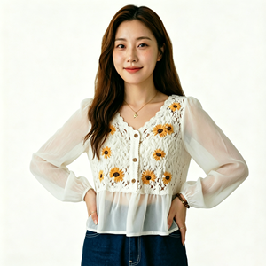 Blusa de punto corta sin cuello con bordado étnico, crochet, empalme hueco, <span class=keywords><strong>manga</strong></span> larga de gasa, protección solar, ODM - Product Image 1