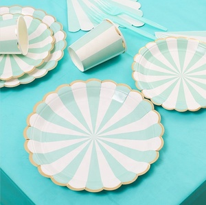 DAMAI Green Stripe <b>Paper</b> Plates Set Hot Stamping Craft Tableware Set Party Disposable Dinner Plates Supplies - Product Image 4