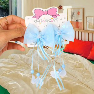 Cute Princess Style Hair <b>Clips</b> With Tassels And Bows For Children Side <b>Clip</b> Fabric Headdress Daily Use Random Color - Product Image 3