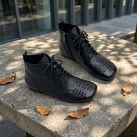 Bottines rétro en cuir véritable tressé effet vieilli, nouvelle collection automne 2026, bout carré, élégantes, à lacets, semelle plate, respirantes