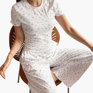 Conjuntos de Pijamas Modales para Mujer, Verano, Manga Corta, Estampado Floral, Algodón, Pijamas Personalizadas de Bambú, Ropa de Dormir para Mujer - Product Image 1