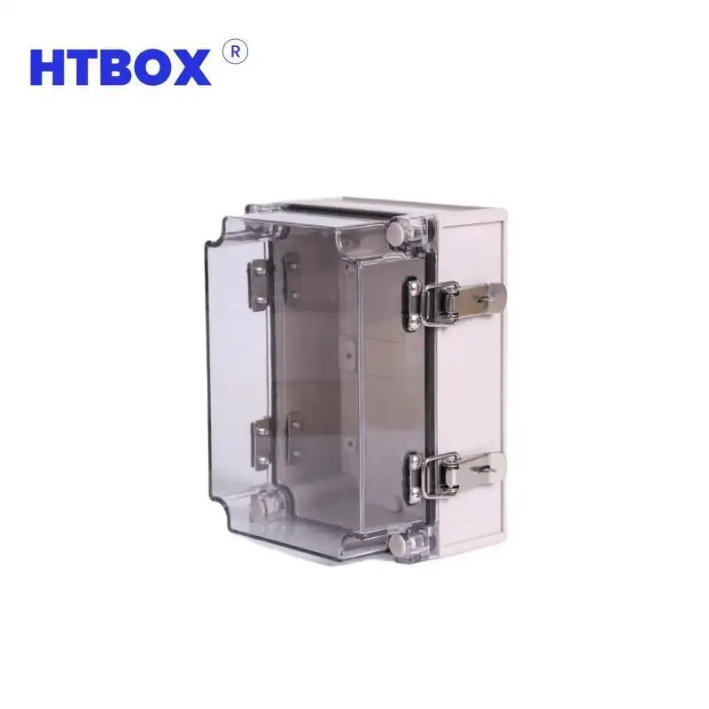 HTBOX OEM exterior IP66 ABS cajas eléctricas plástico impermeable con acero inoxidable hebilla de Metal caja de conexiones