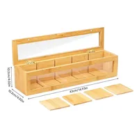 Boîte de rangement moderne en bambou et acrylique avec couvercle magnétique, organisateur à 5 compartiments pour sachets de thé, bijoux et petits objets