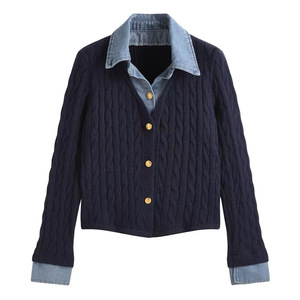 Denim Patchwork Twisted Knit <b>Cardigan</b> Jacket For Women Single Breasted Loose Fit Full Sleeve Contrast Color - Product Image 4