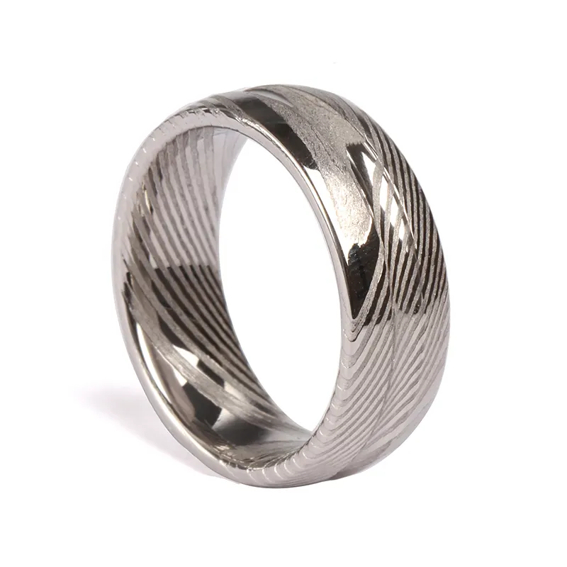 Men 8mm Silver Damascus Stainless Steel Wedding Bands Engagement Ring Comfort Fit