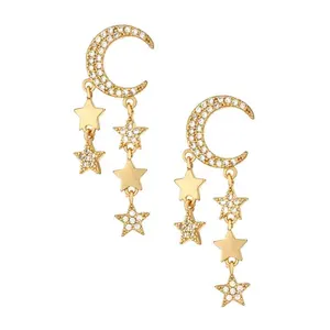 Gemnel Jewelry For Women Gold Plated 925 Silver Crystal Stone Lunar Crescent Moon And Star Stud Dangle Earring