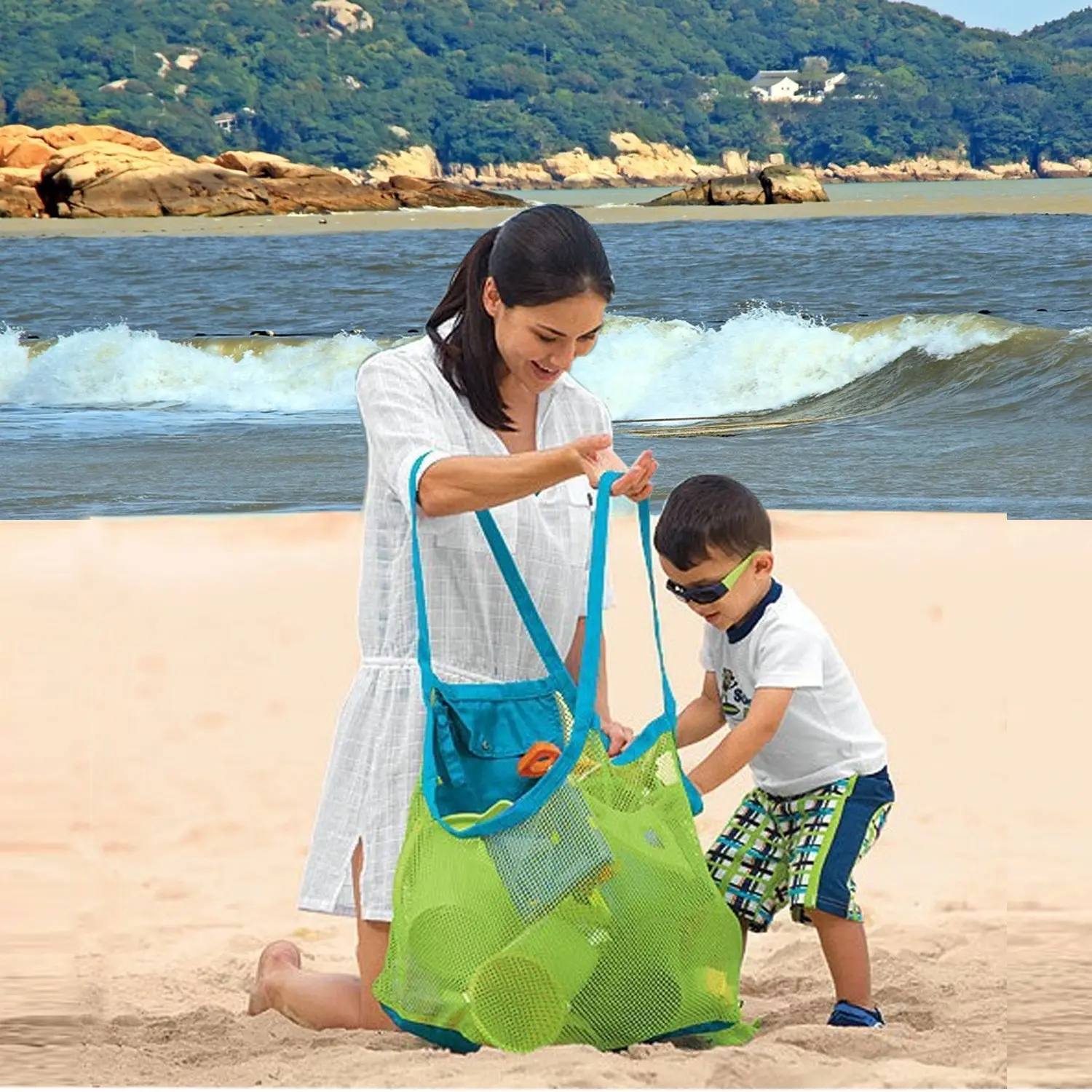 Large Foldable Seashell Bag for Holding Shells Beach Toys Swimming Accessories Collecting Bag Polyester Mesh Beach Tote Bag