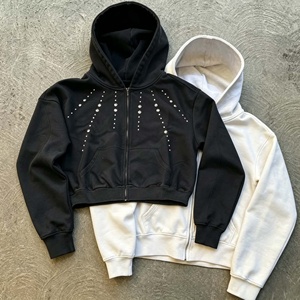 Custom Streetwear Drop Shoulder Boxy Fit French Terry 100% Cotton <b>Zip</b> up Rivet Studded Heavyweight Men Hoodies - Product Image 5