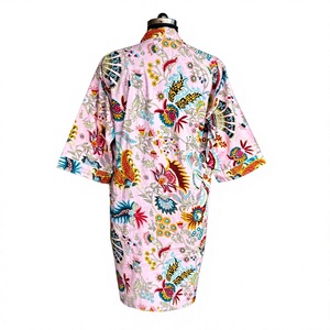 Pink Floral Botanical Print Bohemian Style Straight Silhouette 100% Cotton <b>Kimono</b> Robe Wrap Lounge Dressing Gown - Product Image 4