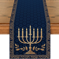 Chemin de table Hanouka bleu et or, 3 motifs : Ménorah, Étoile de David, Colombe, en lin, pour la Chanoeka, décoration de maison pour les fêtes juives