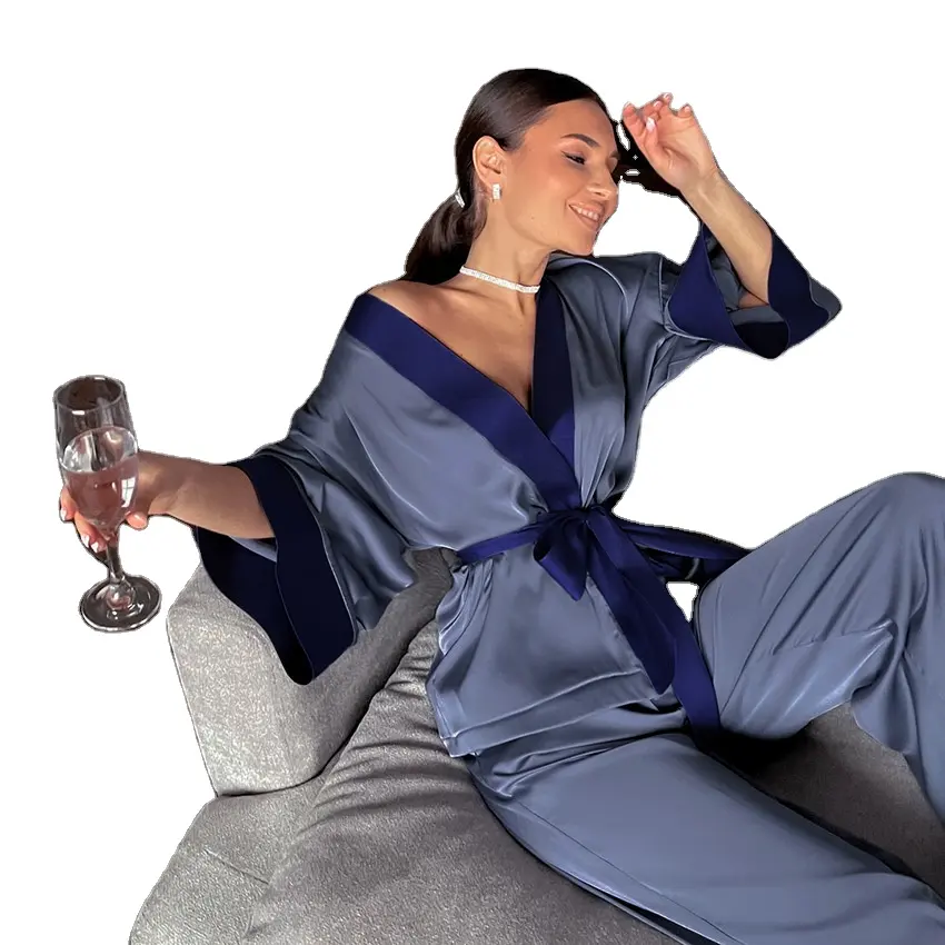 Groothandel Hoge Kwaliteit Sexy Cozy Nachtkleding Lange Mouw Mode Loungewear Vrouwen Satijn Zijden Pyjama