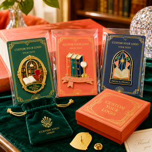 Juego de pines de solapa de metal esmaltado rígido personalizados con diseño Art Deco de club de lectura, libros de biblioteca y lámpara, OEM - Product Image 3