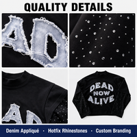 T-shirt Homme Col Montant Superposé Manches Longues en Denim avec Appliques Broderies et Strass Thermocollants Personnalisé Style Y2K Streetwear – Vente en Gros