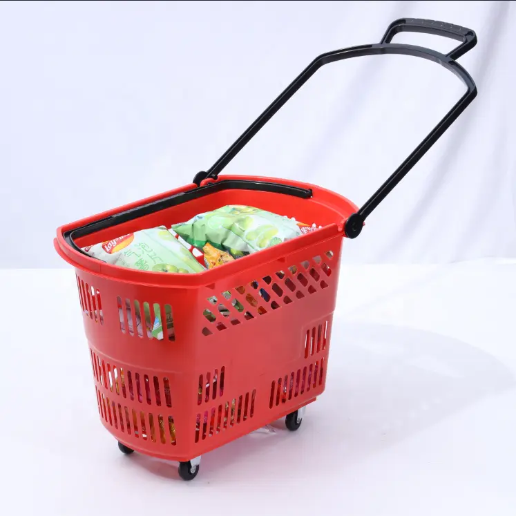 Rueda de diseño Simple con asa de cinta de Color puro, cesta de compras de plástico Gris plegable
