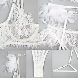 Grosir Lingerie renda bulu mata mewah wanita Set Lingerie berongga Lingerie sejuk 3 potong dengan Garter - Product Image 4