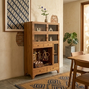 Wood Storage Cabinet With Glass Doors And <b>Drawers</b> Classic Style Three Layer Standing Type For Living Room Organization - Product Image 6
