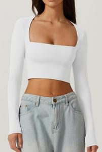 T-shirt à manches longues pour <span class=keywords><strong>femme</strong></span>, style sexy, col carré décolleté, <span class=keywords><strong>crop</strong></span> <span class=keywords><strong>top</strong></span> uni pour le printemps et les soirées en boîte de nuit - Product Image 5