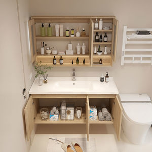 <span class=keywords><strong>Meuble</strong></span>-lavabo mural moderne en bois grainé avec armoire miroir LED et lavabo en surface solide, armoires de salle de bain résistantes à l'humidité - Product Image 2