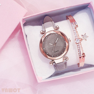 IStapromo Gifts Watch Silver Powder Rhinestone Face Women's Watch Frosted Leather Strap Women's Trendy Two-piece Set Watch - Product Image 5