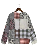 Pull tricoté patchwork pour femme 2026, imprimé vintage Paisley à carreaux, col en V, manches longues, 100 % polyester, motif numérique