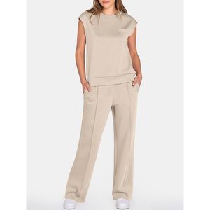 FOXA Women Two Piece Set Sleeveless O Neck <b>Top</b> Wide Leg Pants Breathable Knitted Casual Summer Outfit - Product Image 2