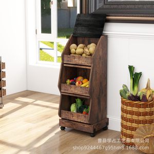 Chariot de rangement en bois à 3 niveaux, portable, avec roulettes, pour cuisine, légumes, pommes de terre, pain, style rustique - Product Image 4