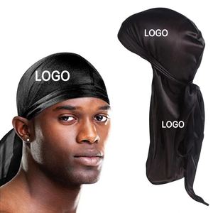 Durag de diseñador personalizado para hombres envoltura de cabeza de cola <span class=keywords><strong>extra</strong></span> larga con logotipo de seda impreso diario informal aplicable Doo Rag Durags - Product Image 1