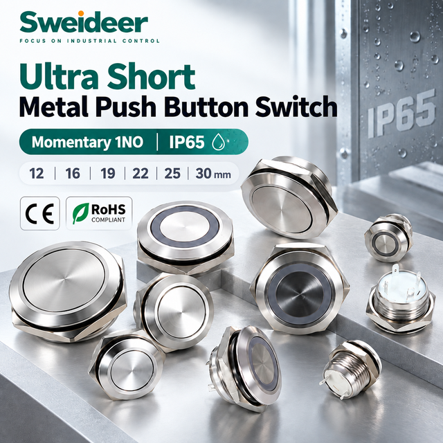 Sweideer Ultra Short Stainless Steel Metal Push Button Switch 12 16 19 22 25 30mm Momentary 1NO IP65 Waterproof Panel Mount
